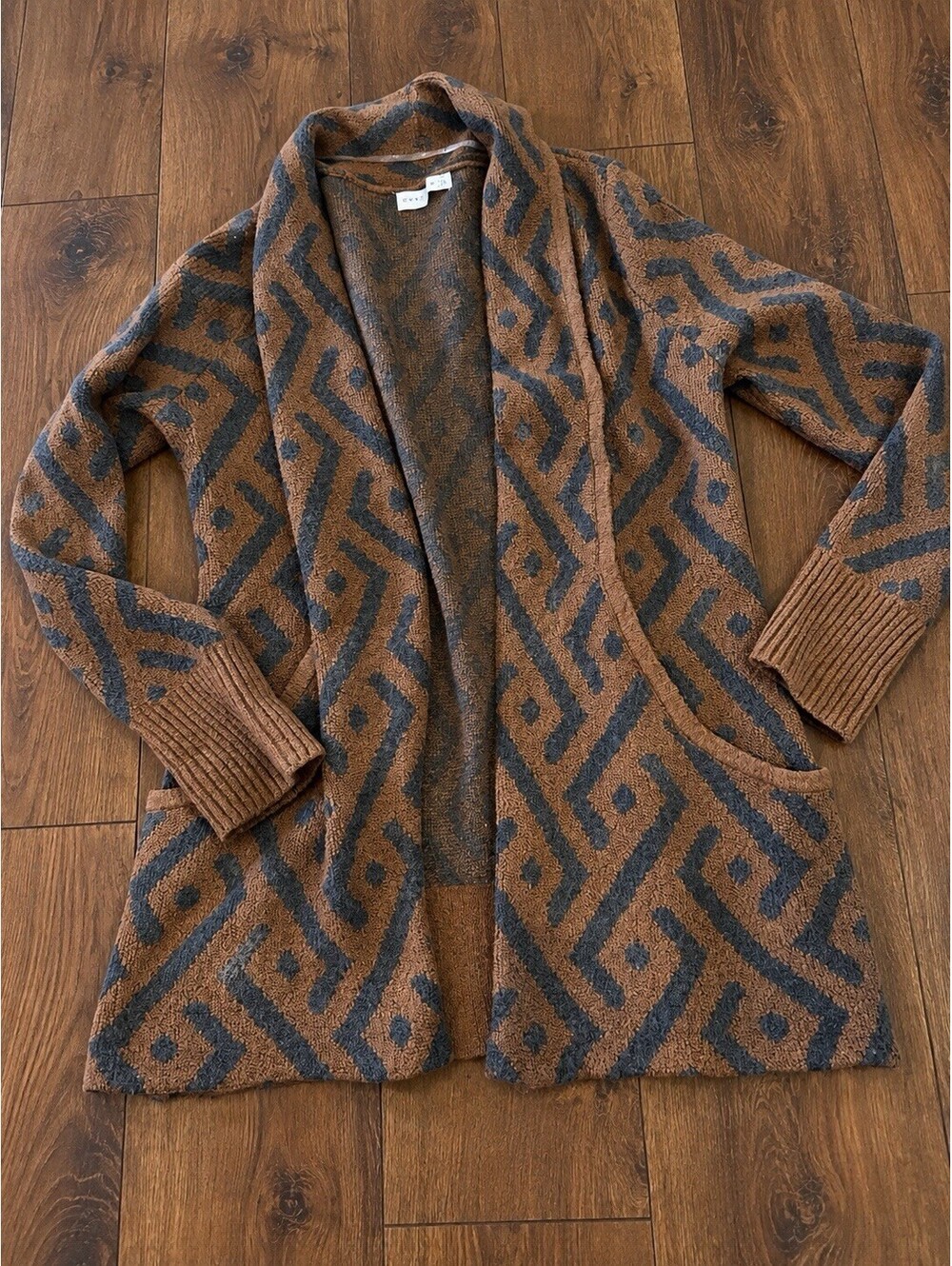 Womens Brown Gray Geometric Knit Open Front Shawl Collar Cardigan Small